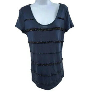 Ann Taylor Est. 1954 navy blue beaded shirt Size Medium, Short Sleeve